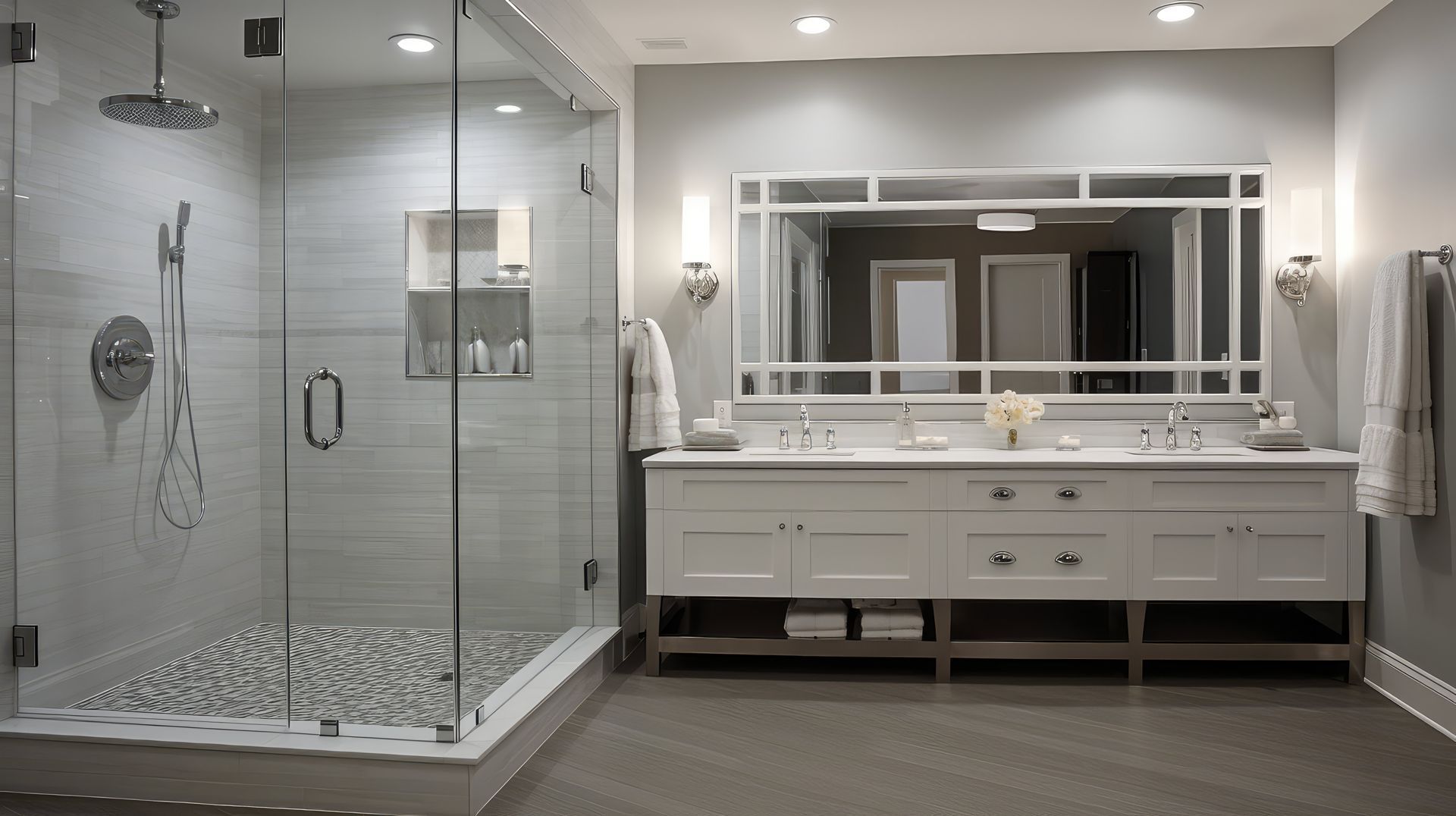 Modern walk-in glass enclosure with frameless shower doors next to a spacious white bath vanity.