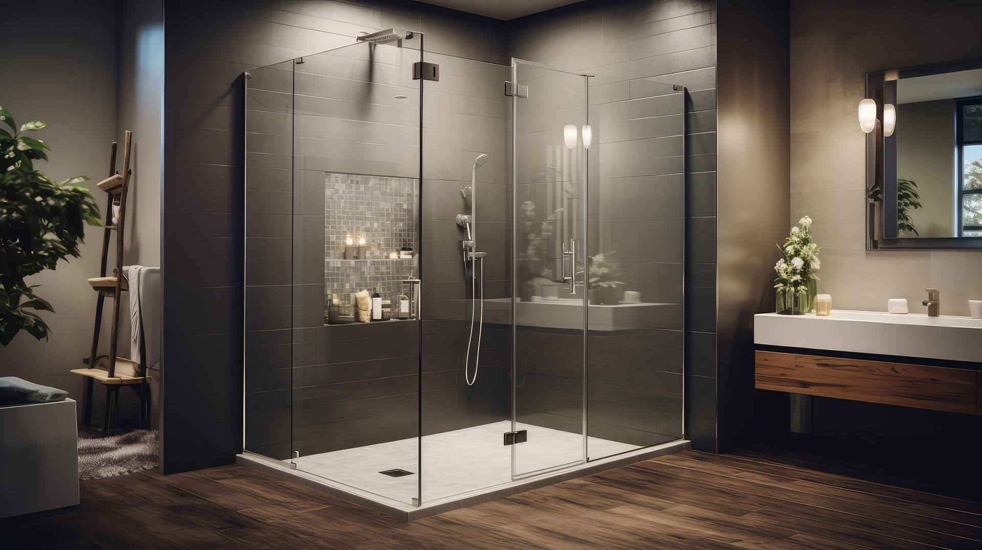 Modern luxury bathroom design featuring sleek frameless shower doors and a walk-in glass enclosure.