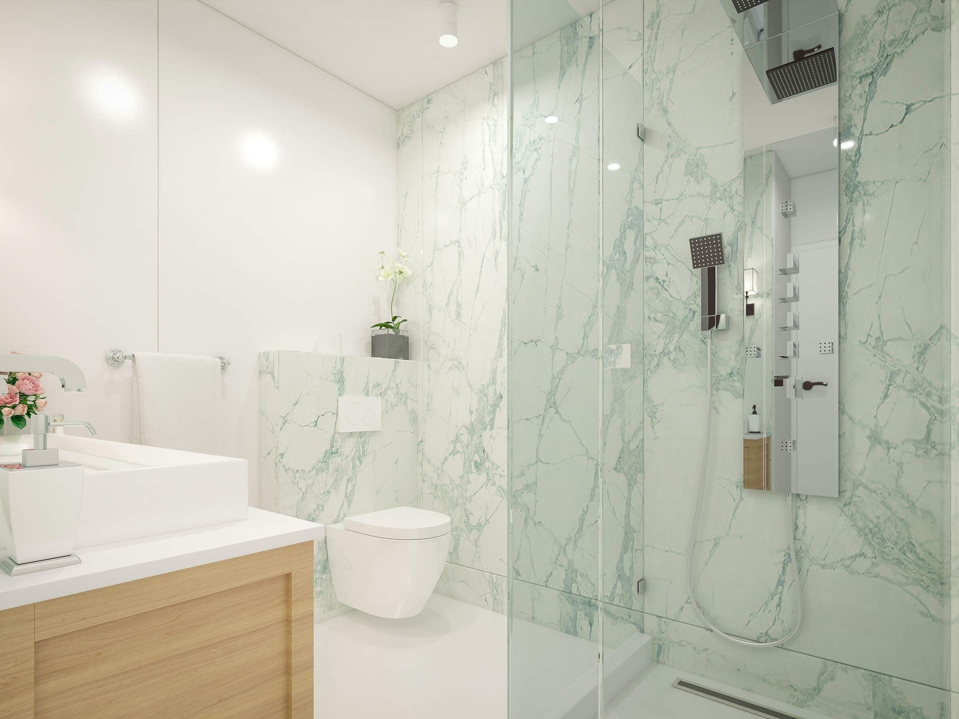 A modern bathroom with marble walls and floor features custom glass elements for a luxurious touch. A modern bathroom with marble walls and floor features custom glass elements for a luxurious touch.
