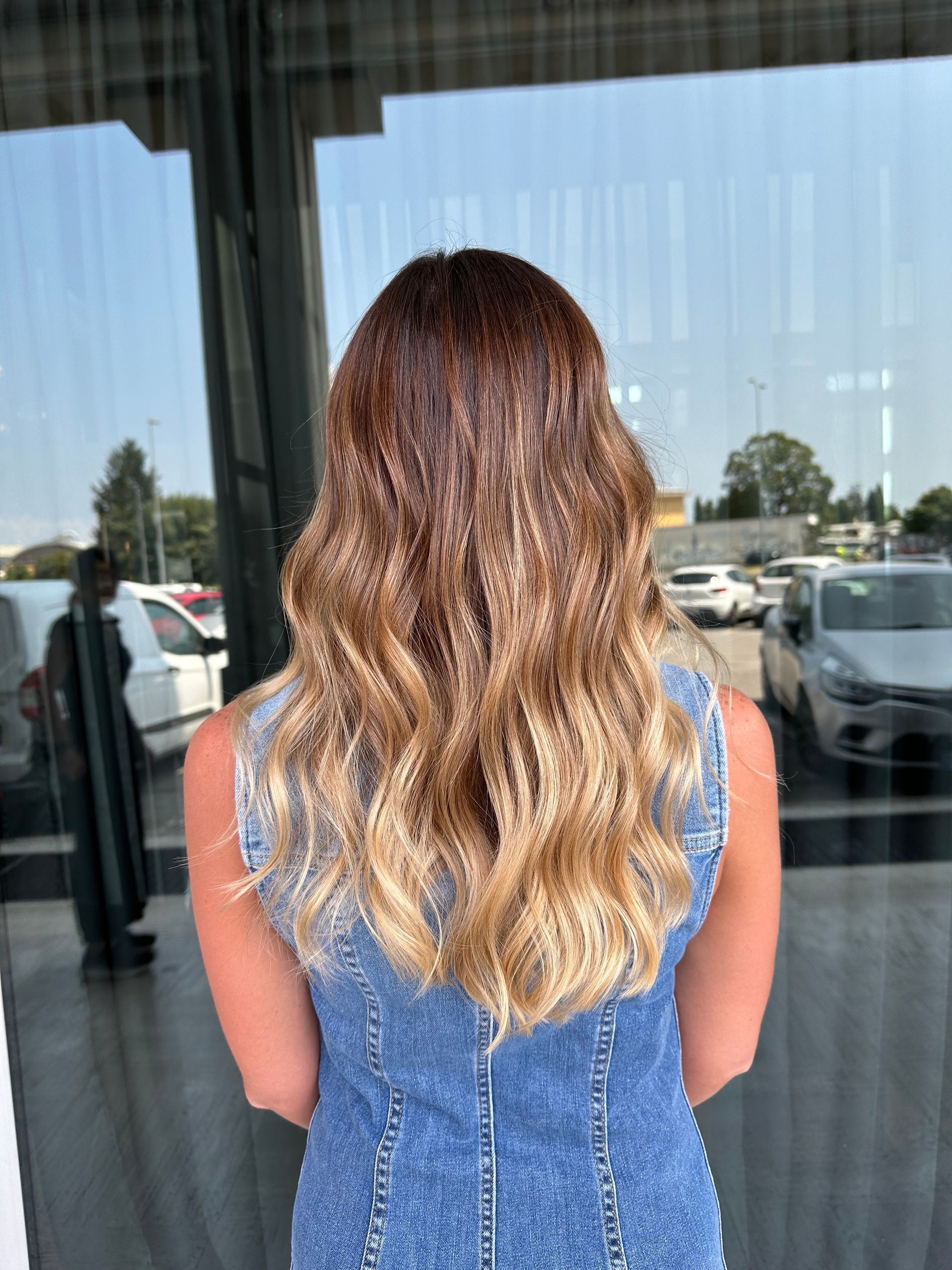 Una persona vista di spalle con capelli mossi di media lunghezza, castano scuro nella parte superiore e biondi alle punte.