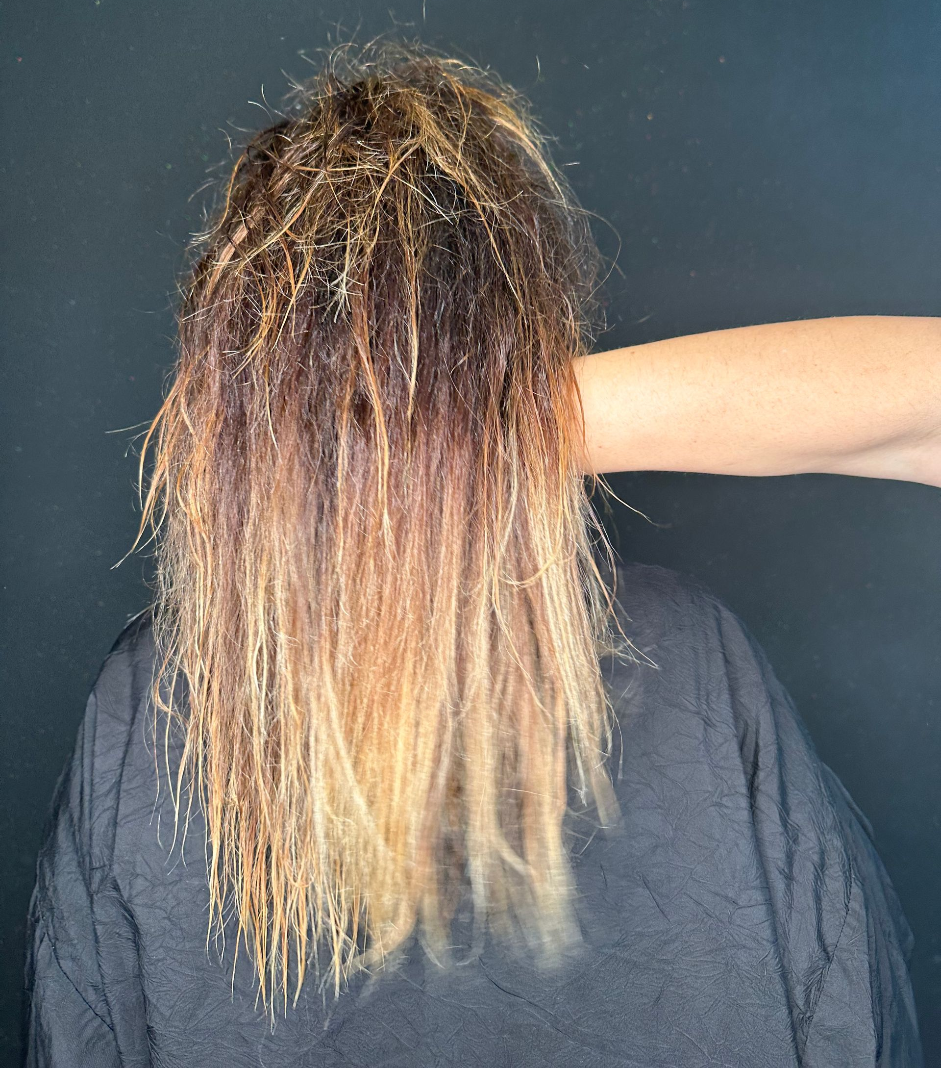 La parte posteriore della testa di una persona che mostra capelli di media lunghezza, con mèches e una visibile ondulazione testurizzata.