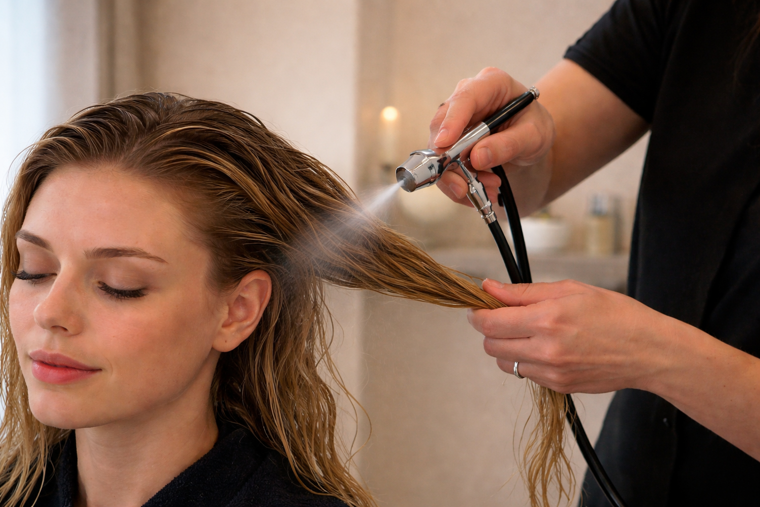 In un salone, un parrucchiere utilizza un aerografo per vaporizzare un prodotto sui capelli umidi di una cliente.