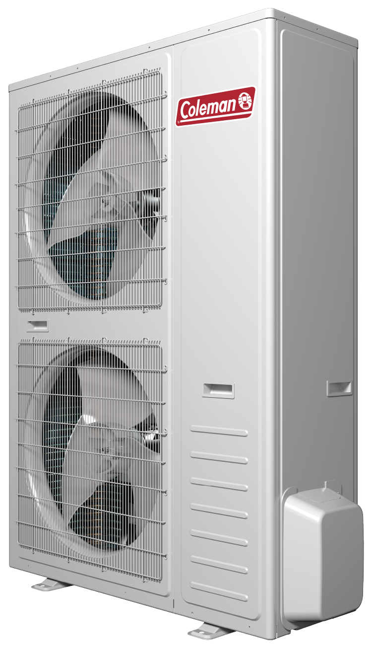 A white coleman air conditioner with two fans on a white background.