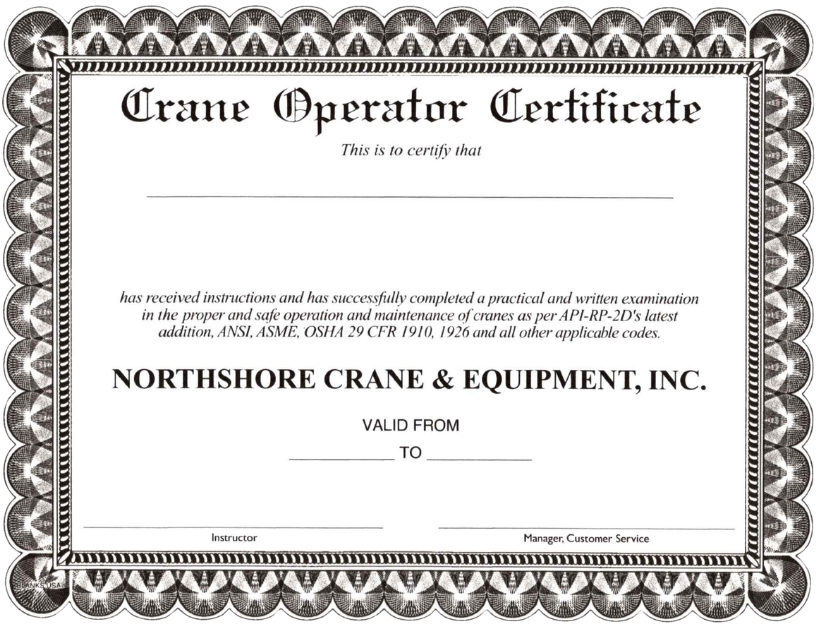 Crane Operator Certificate from Northshore Crane & Equipment, Inc. with blank fields for dates.