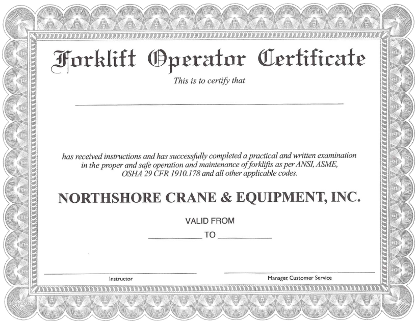 Forklift Operator Certificate from Northshore Crane & Equipment, Inc. with blank fields to fill.