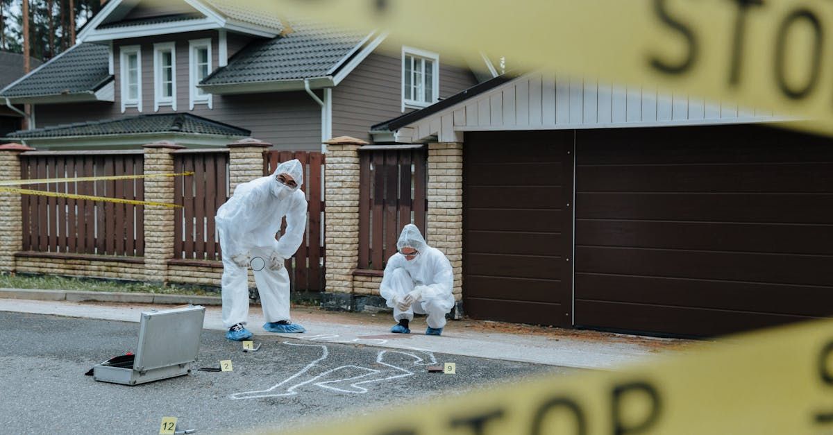 A couple of forensic officers are looking at a crime scene.