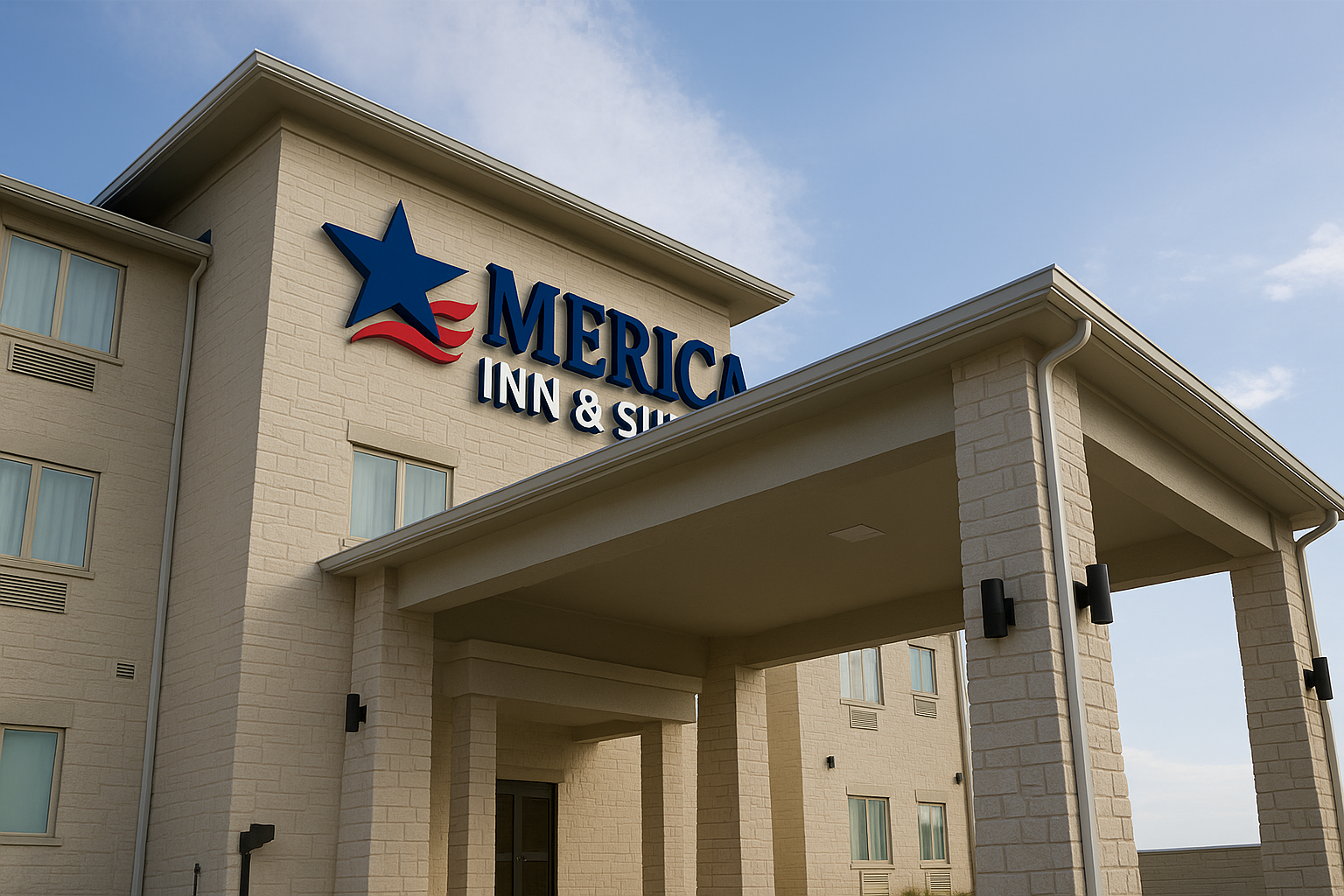 Merica Inn & Suites hotel entrance with large star logo. Beige brick facade and awning.
