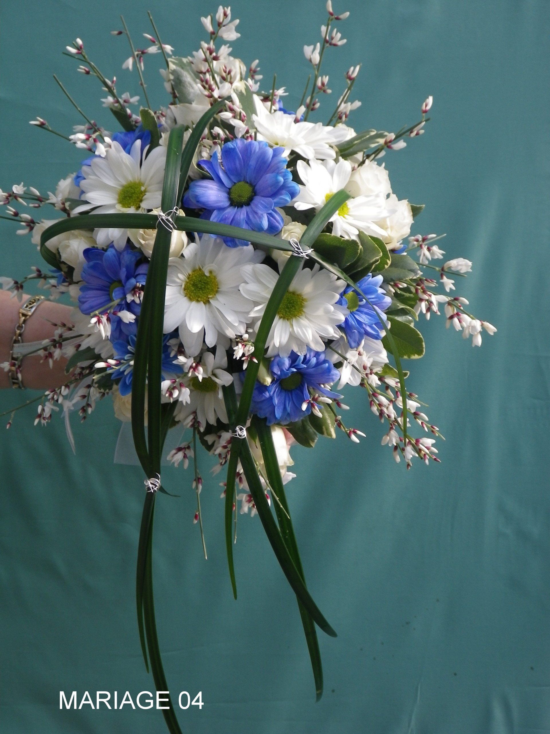 white and blue flower bouquet