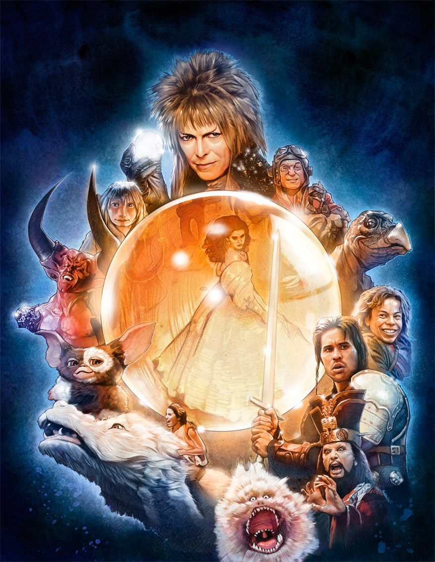 A poster for the movie labyrinth with a woman in a ball surrounded by monsters.