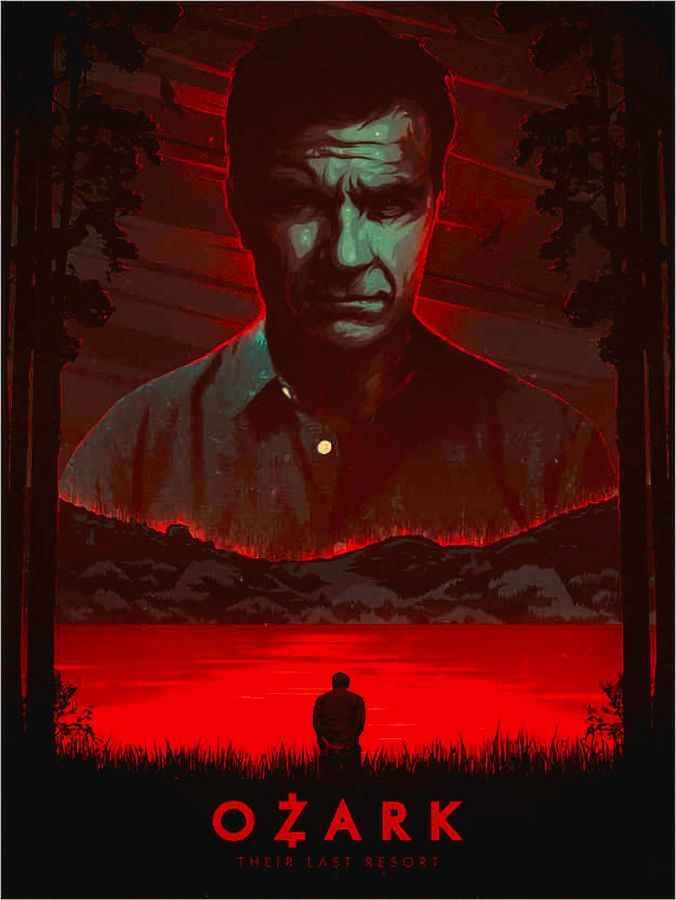 A movie poster for ozark with a man standing in the middle of a field.