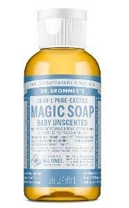 A bottle of dr . bronner 's magic soap baby unscented.