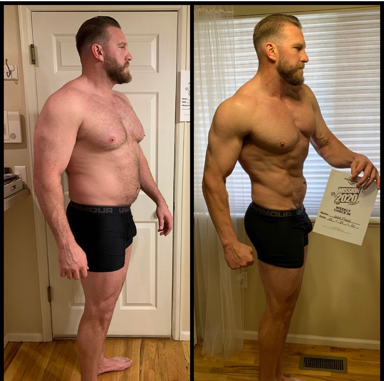 Before and after body transformation highlighting fat loss and muscle gain at Prodigy Gym & Fitness.
