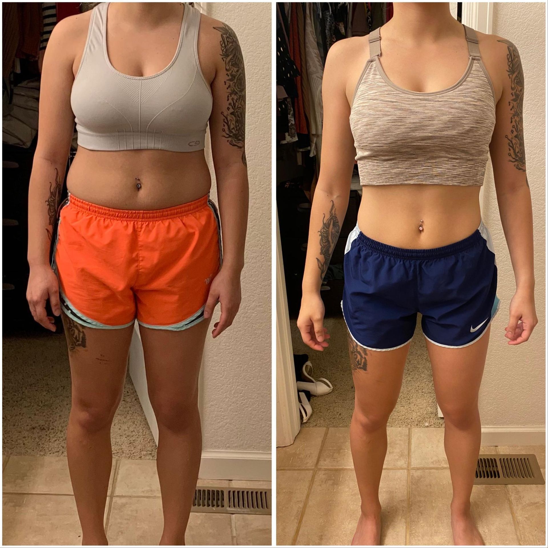 Before and after fitness comparison highlighting strength improvements and weight loss at Prodigy Gym.