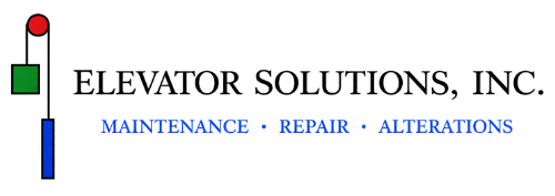 Logo for Elevator Solutions, Inc. featuring a pulley and text: 