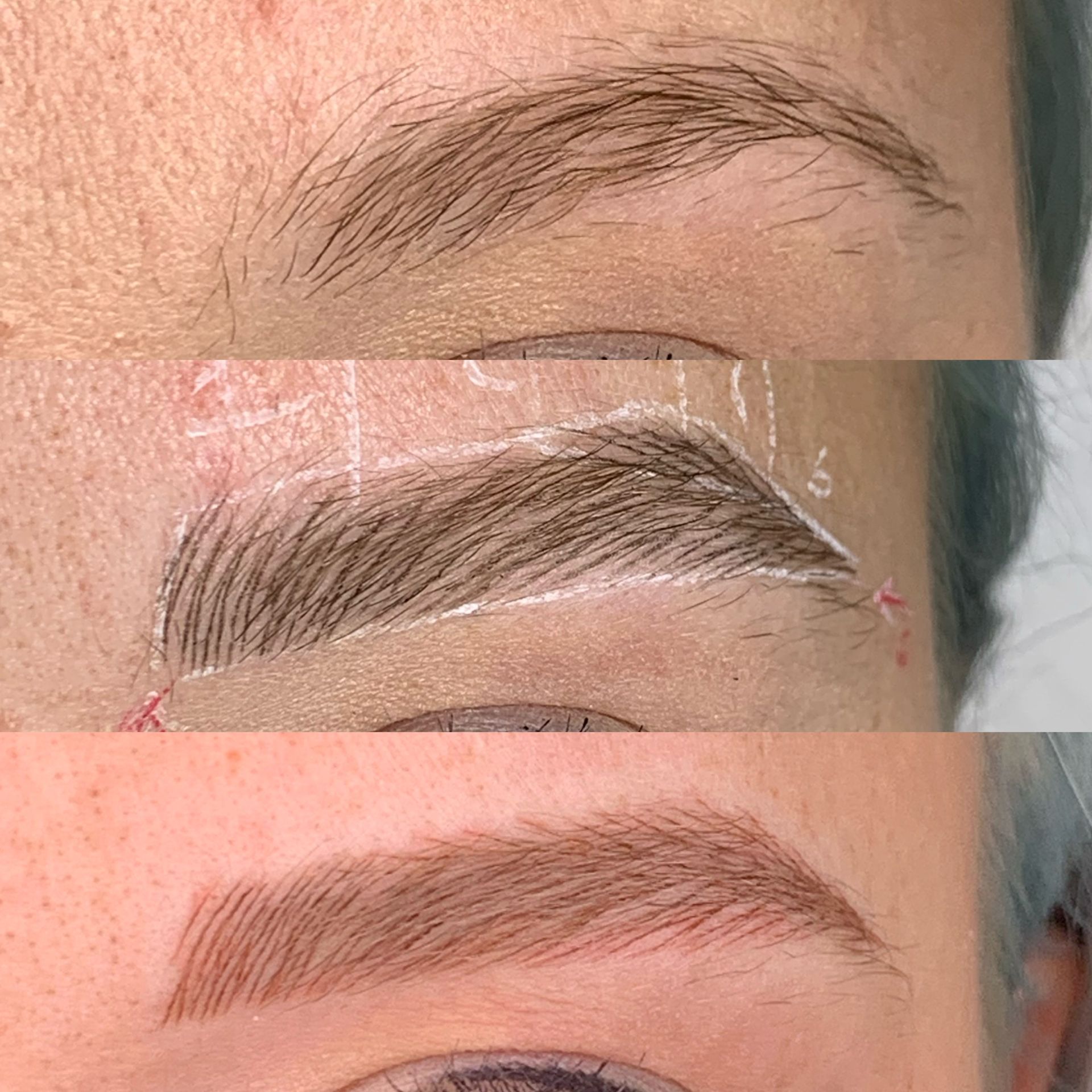 Trasformazione delle sopracciglia con microblading in tre fasi, vista da vicino.