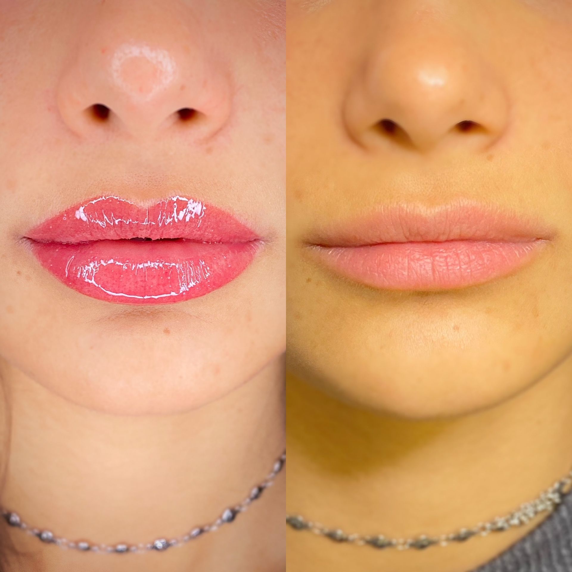 Primo piano di due labbra prima e dopo l'applicazione del lucidalabbra, che mostra il colore naturale delle labbra su un lato.