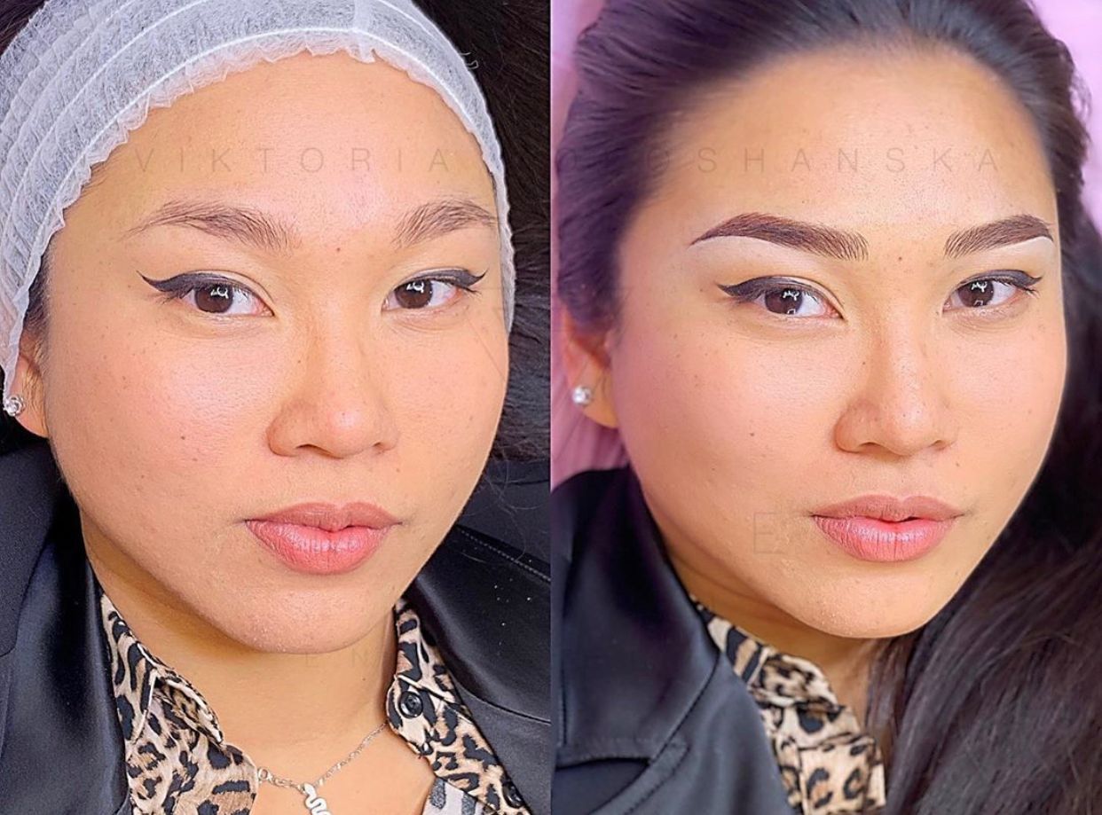 Ritratto affiancato che mostra una persona con un berretto e la stessa persona con un trucco elaborato e una giacca scura.