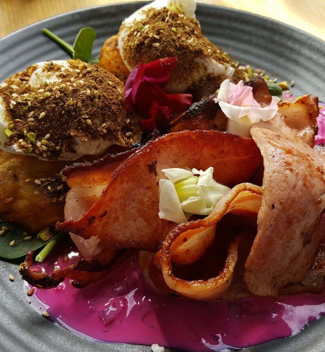 Image of dukkah eggs with bacon at Nambucca Heads Warf Street Cafe