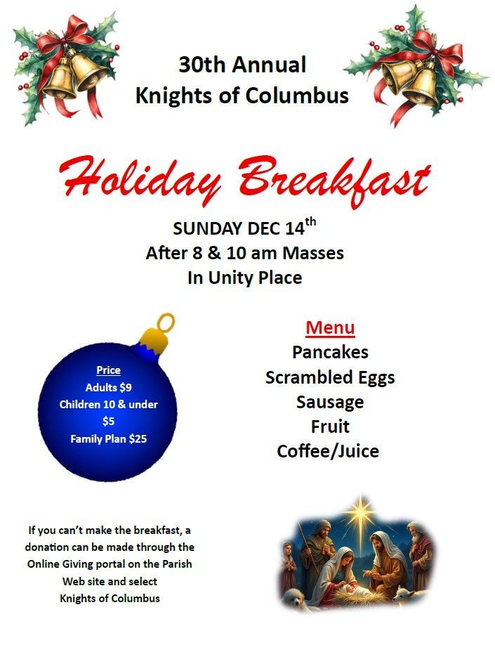 Holiday Breakfast Dec. 14 after both Masses