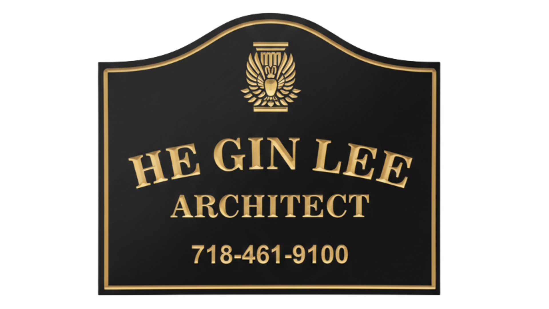 Black and gold sign for He Gin Lee, Architect, with contact number, and a gold emblem at the top.