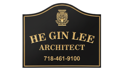 Black and gold sign for He Gin Lee, Architect, with contact number, and a gold emblem at the top.