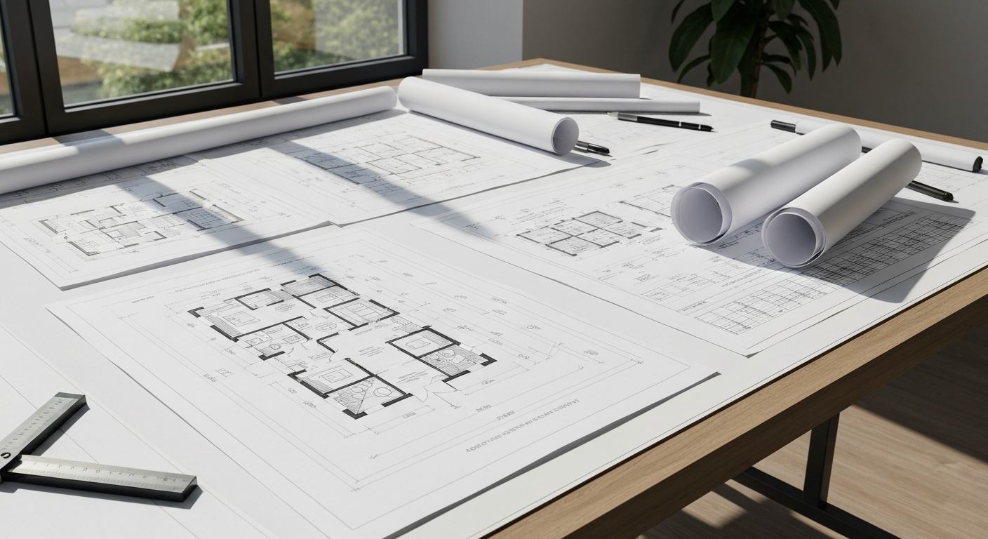 Architectural blueprints and rolled up paper on a wooden table, near a window with sunlight.