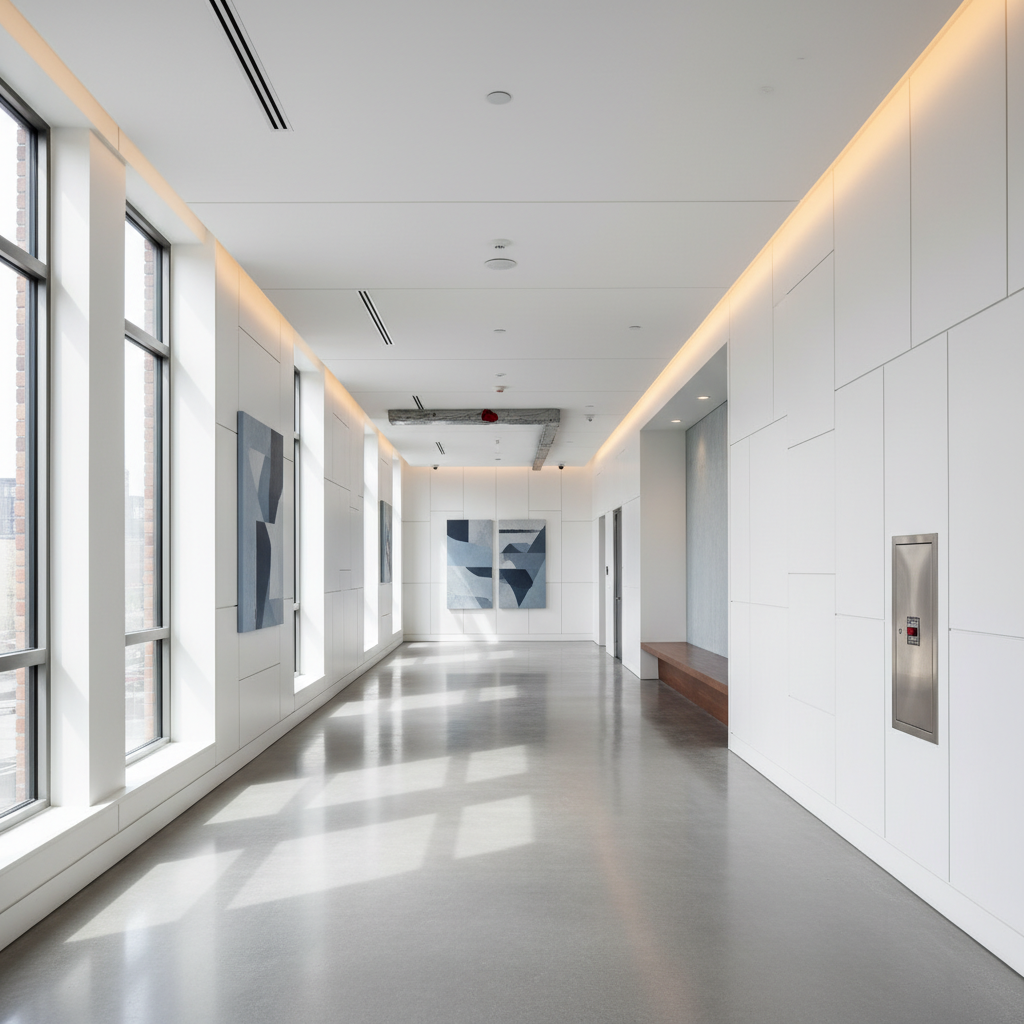 Bright, white hallway with large windows, artwork, and a polished concrete floor.