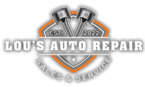 Lou’s Auto Repair logo with silver shield, orange outline, and “Sales & Service” text, est. 2022