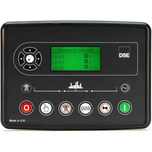 Panel de control del generador negro con pantalla verde que muestra el voltaje y botones de control.