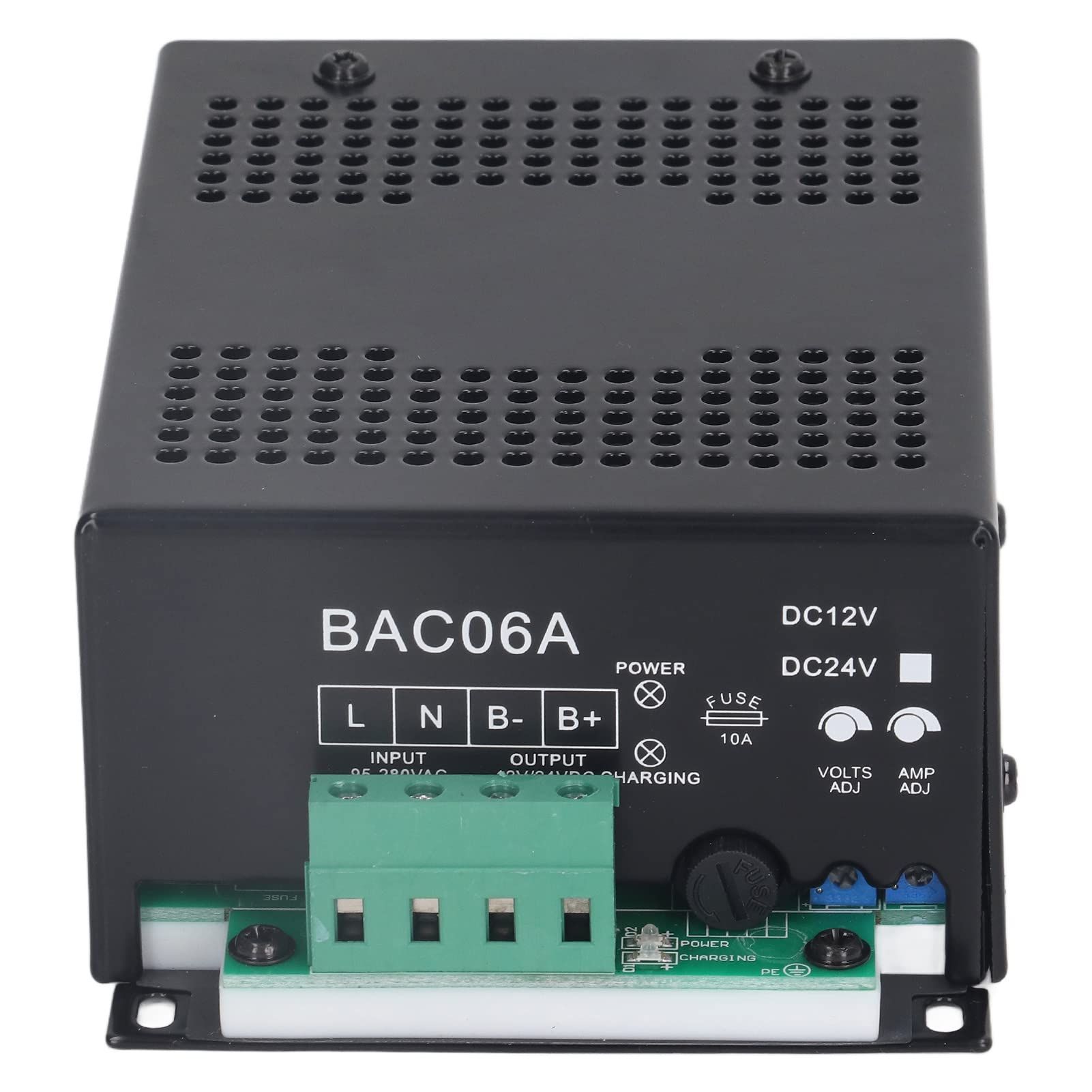 Fuente de alimentación CC BAC06A negra con terminales de entrada y salida, indicador de carga y dial de ajuste de voltaje.
