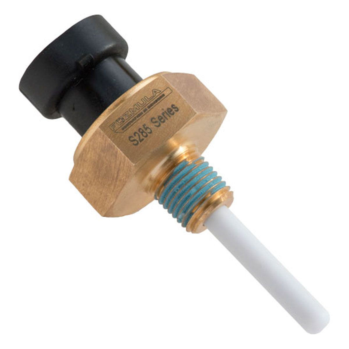 Un sensor de temperatura de latón con un conector negro, una sonda blanca y sellador de rosca azul.