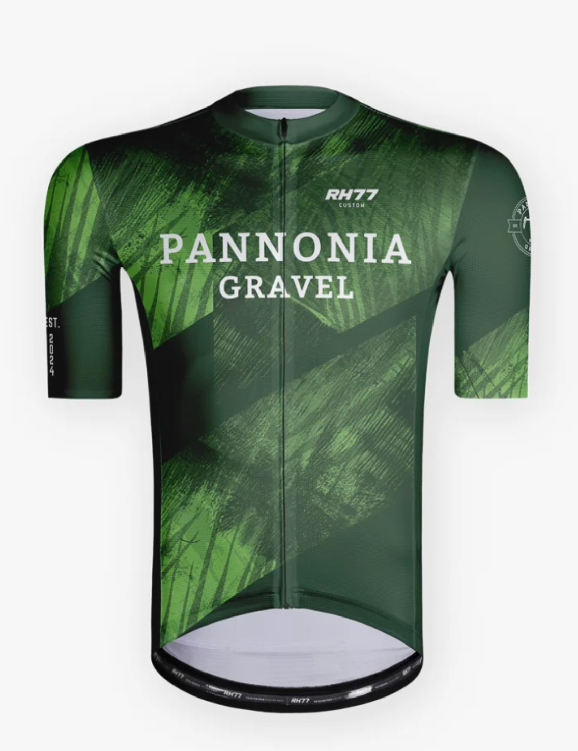 Grünes Pannonia Gravel-Radtrikot mit schwarzem abstraktem Muster und kurzen Ärmeln