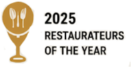 Gold trophy icon with fork and spoon beside text “2025 Restaurateurs of the Year”