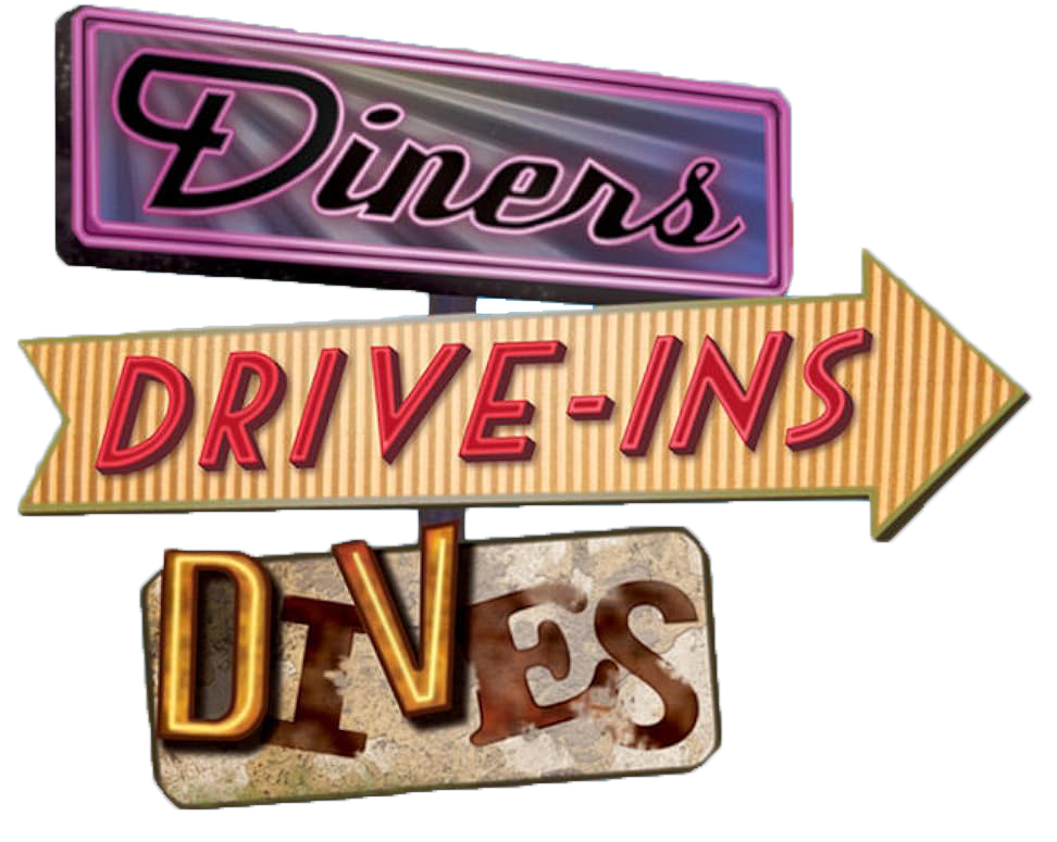 Retro neon-style signs reading “Diners,” “Drive-Ins,” and “Dives” in pink, red, and brown.