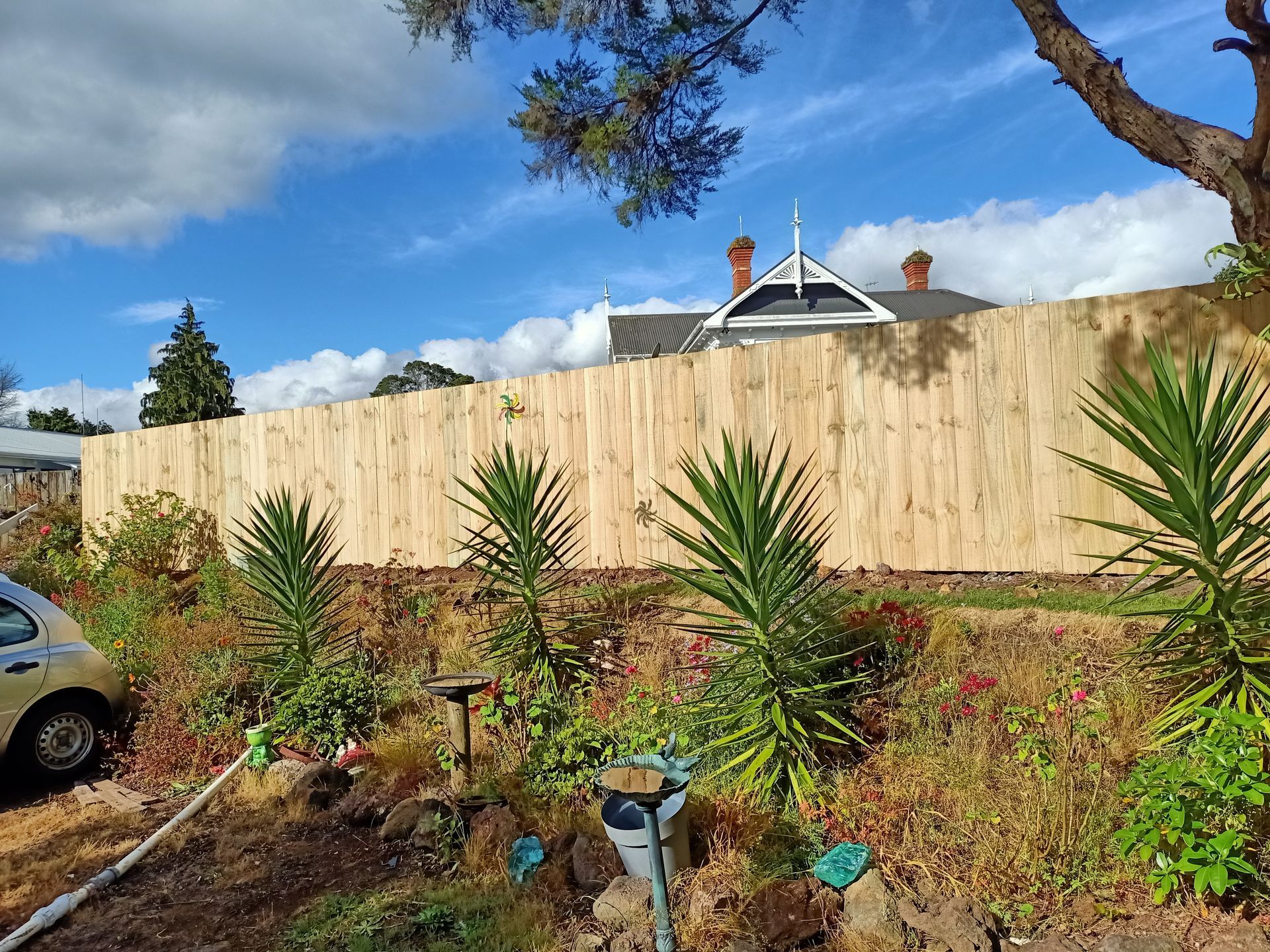 A wooden fence is surrounded by plants and trees in a garden.