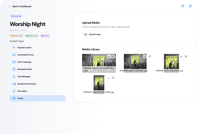ChurchCopy Advanced Editing Controls screen, refine one email/post/text and instantly regenerate in your church’s tone.