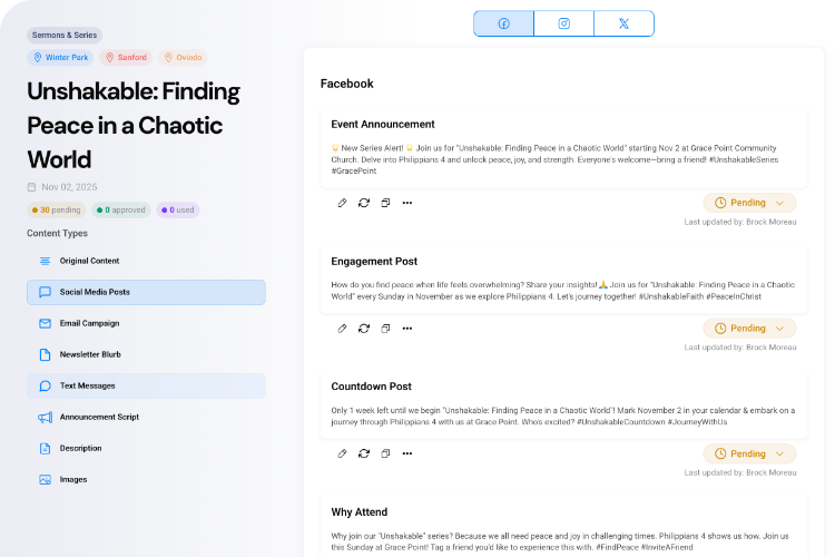 Best AI tools for churches: ChurchCopy Copy Package view with multiple Facebook captions and “get emails, posts, texts, announcements in seconds.”