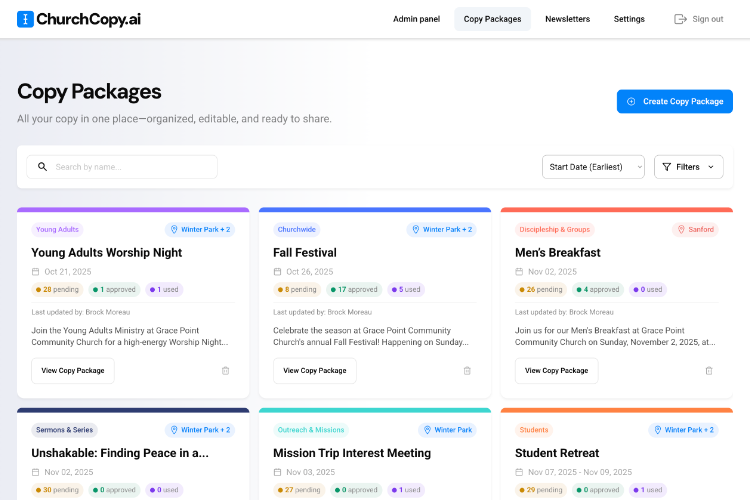 Copy Package dashboard view aggregating content for multiple church events with filters for ministry and date; church AI dashboard.
