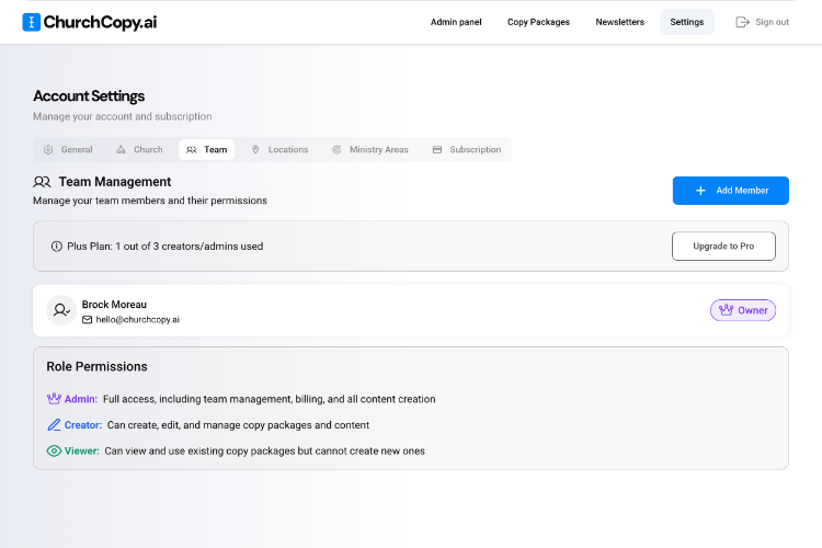 ChurchCopy Smart Audience Tuning, category picker to tailor copy by ministry type and audience.