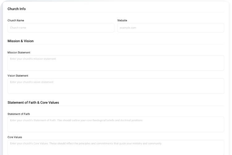 User profile showing church info fields (mission, vision, tone) for consistent messaging.