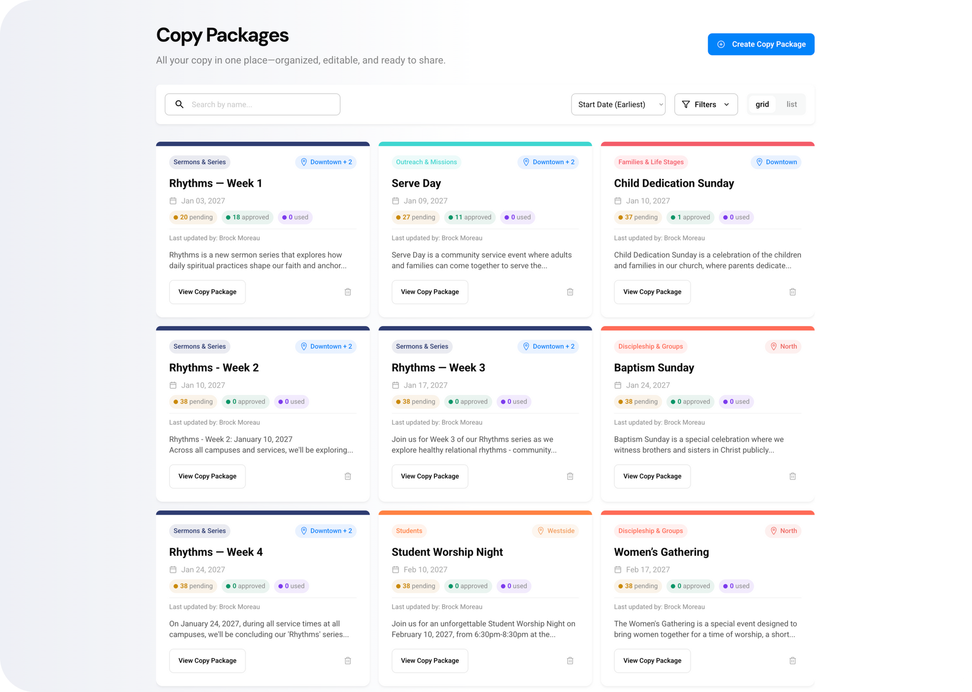dashboard showing AI church communications planner by ministry and location