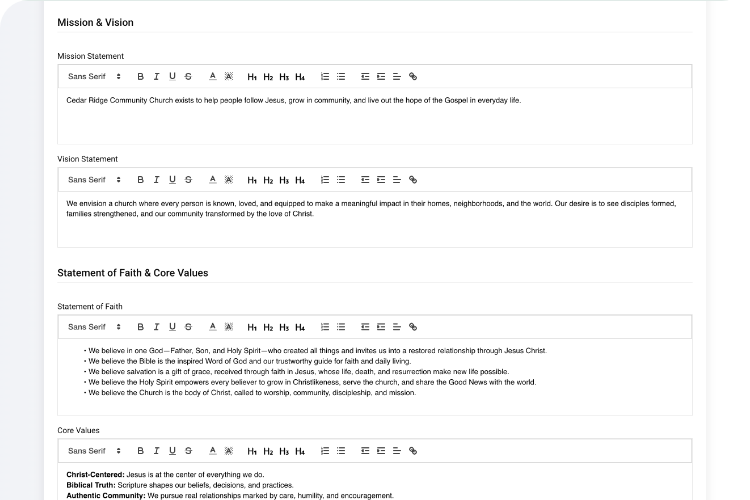 User profile showing church info fields (mission, vision, tone) for consistent messaging.
