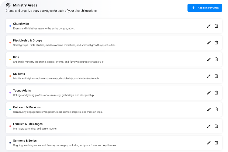 ChurchCopy Newsletter Builder screen showing sections for ministries and events with preview of final email.