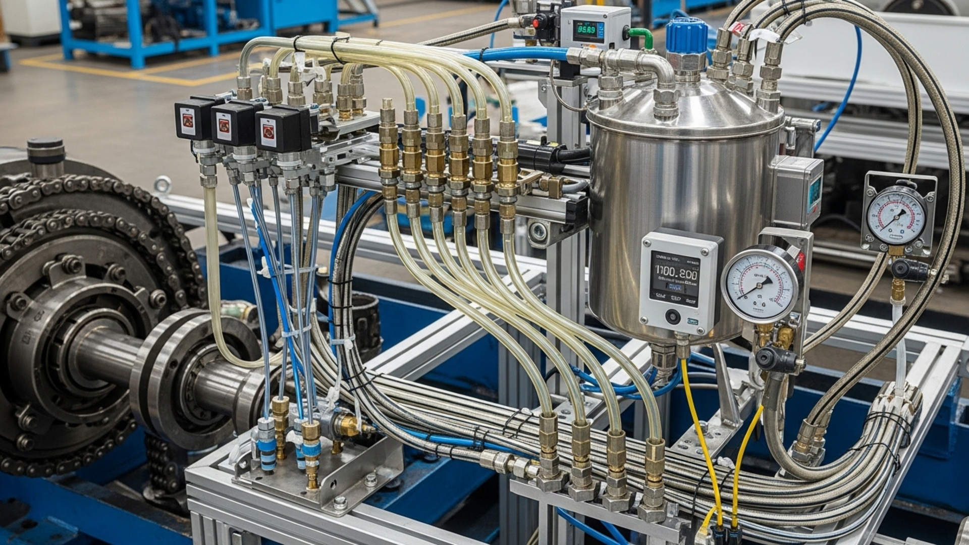 Industrial machinery for grain processing in a dim, dusty warehouse, featuring large hoppers and storage bags.