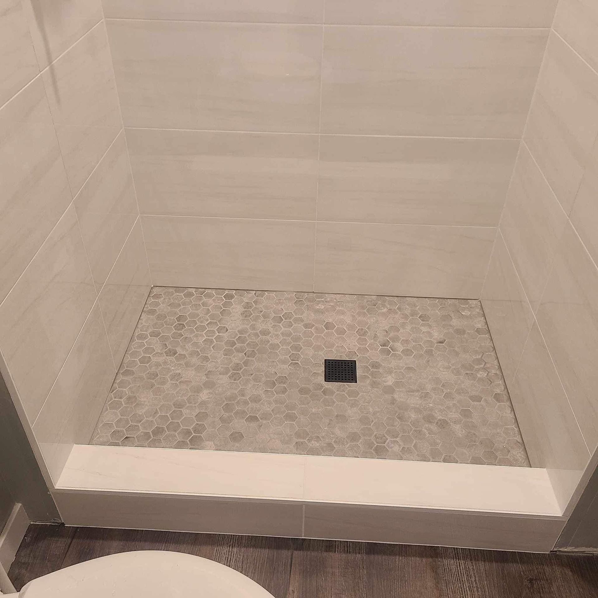 A bathroom with a walk in shower and a toilet.