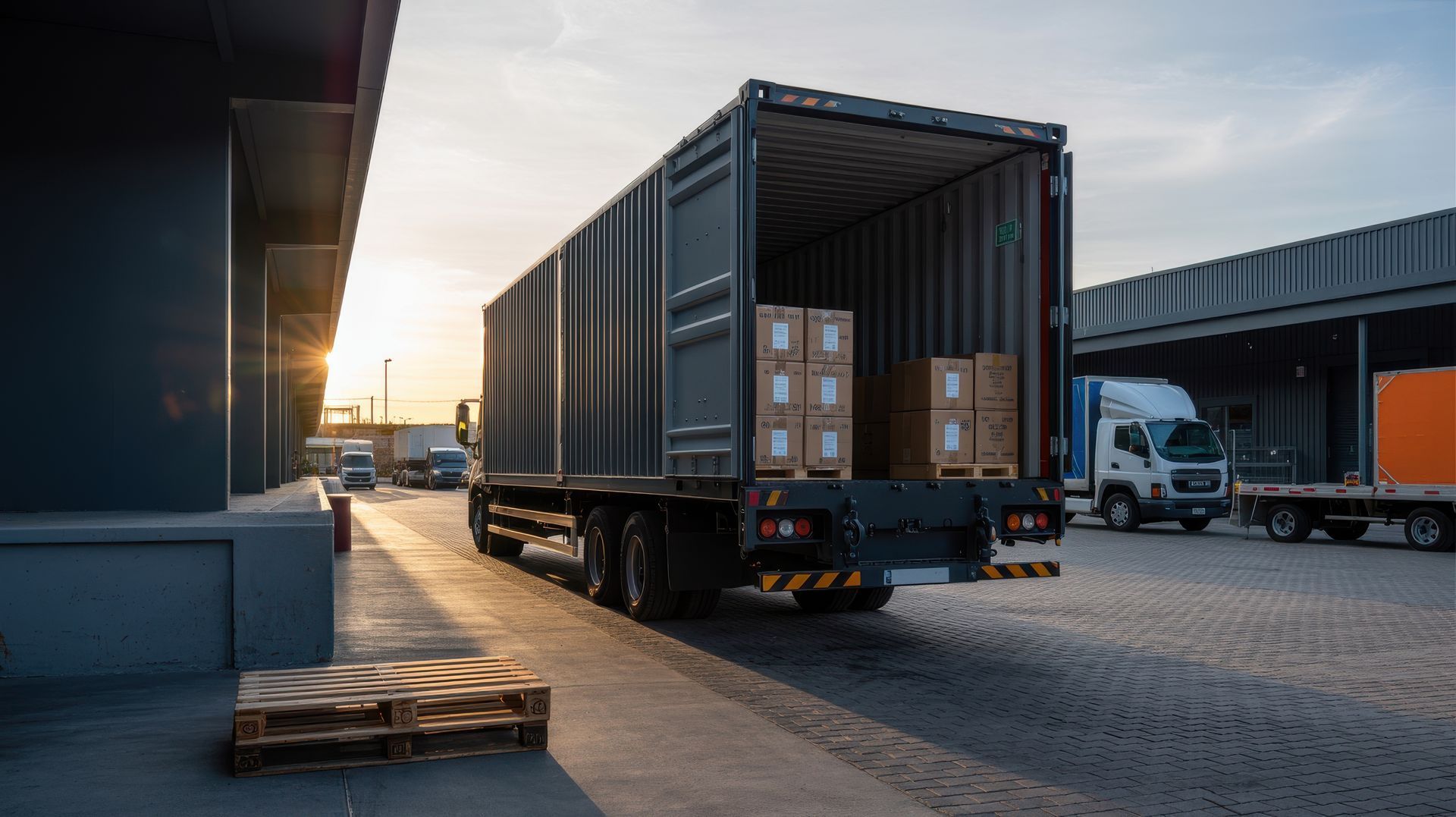 Freight truck with open container loaded with boxes at warehouse dock during sunset 