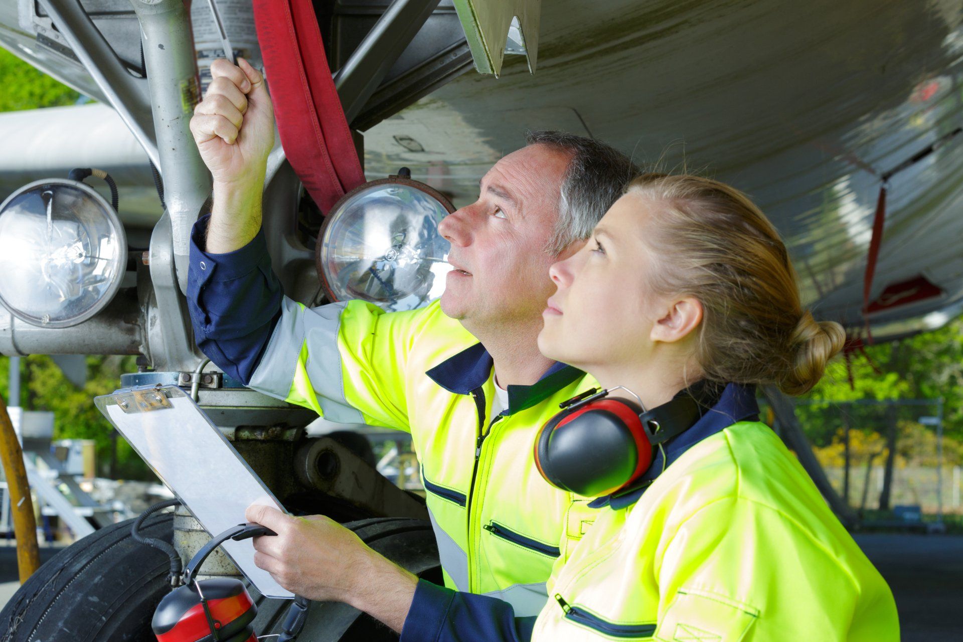 Two people inspecting an airframe
