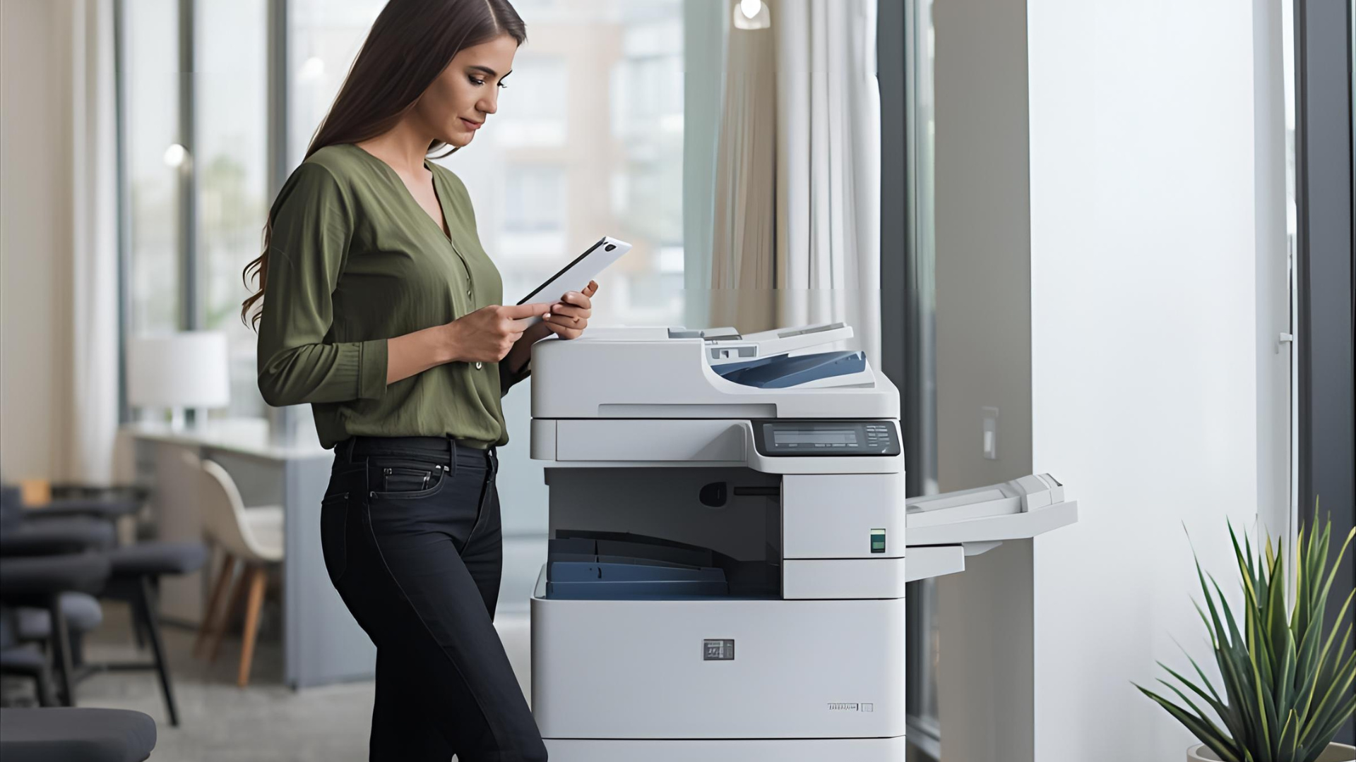 Woman in office with tablet, standing near a white printer. She looks at the tablet, near a window.