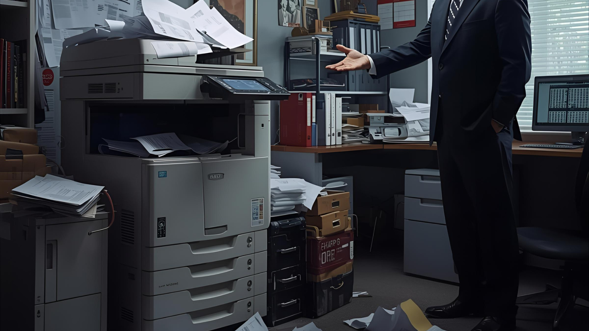 Man in suit gestures towards a cluttered office. Paper overflows a copier, piled on the floor.