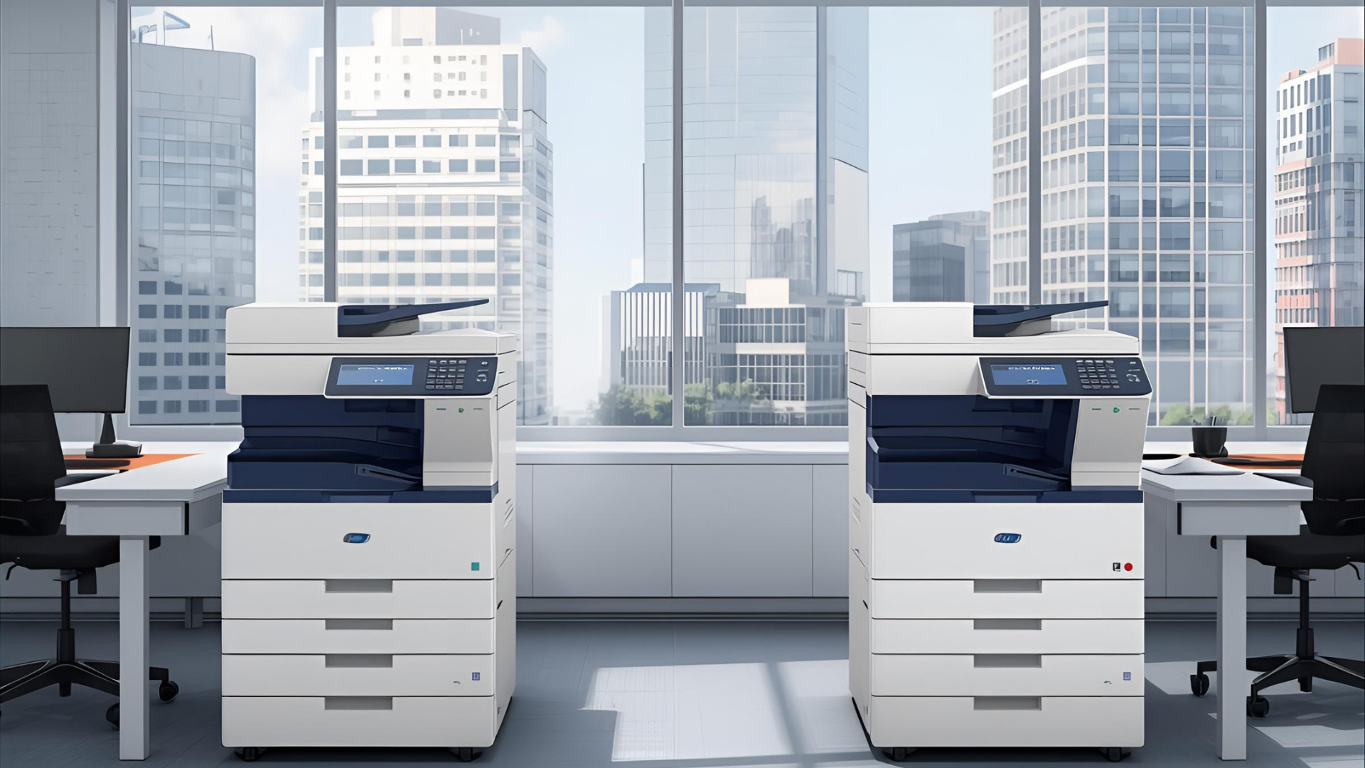 Two office printers in a brightly lit office with a cityscape view.